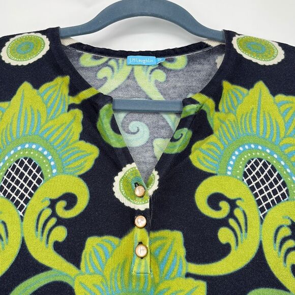 J.McLaughlin Cotton Blend Split Neck 3/4 Sleeve Printed Sweater  Navy‎ Green XS - Picture 2 of 12